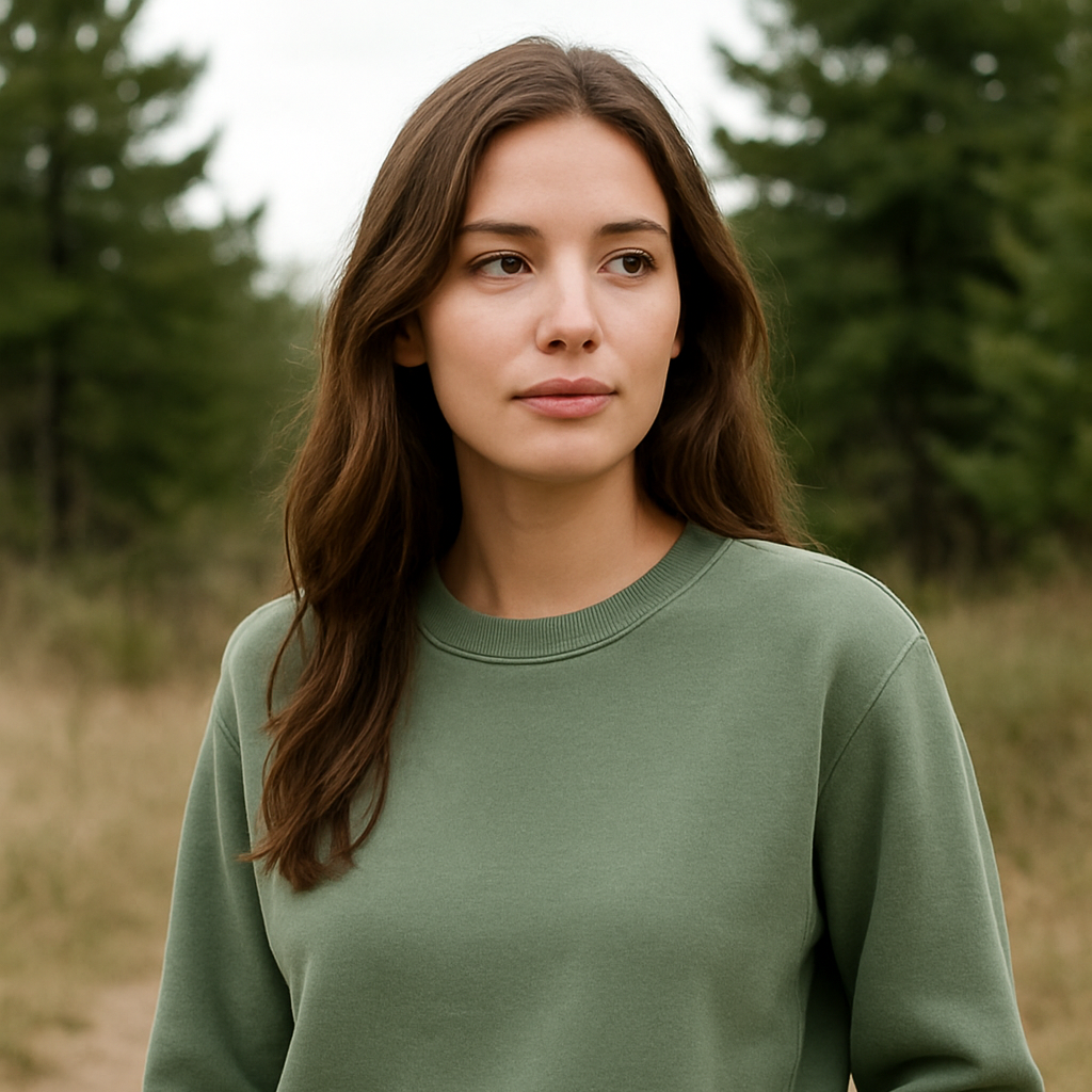 Woman wearing a green sweatshirt in a natural setting with trees in the background